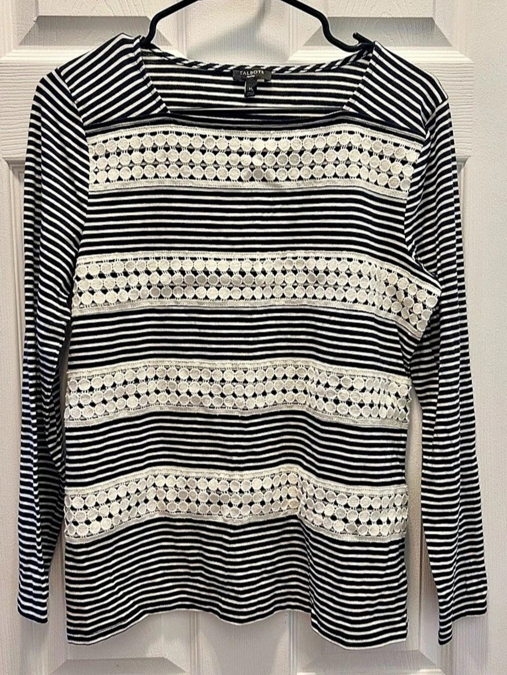 Talbots Petites MP Blouse Navy White Striped Knit Crochet Long Sleeve Stretch